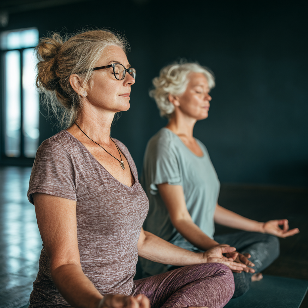 Experienced yoga instructor guiding senior adult student in mindful practice