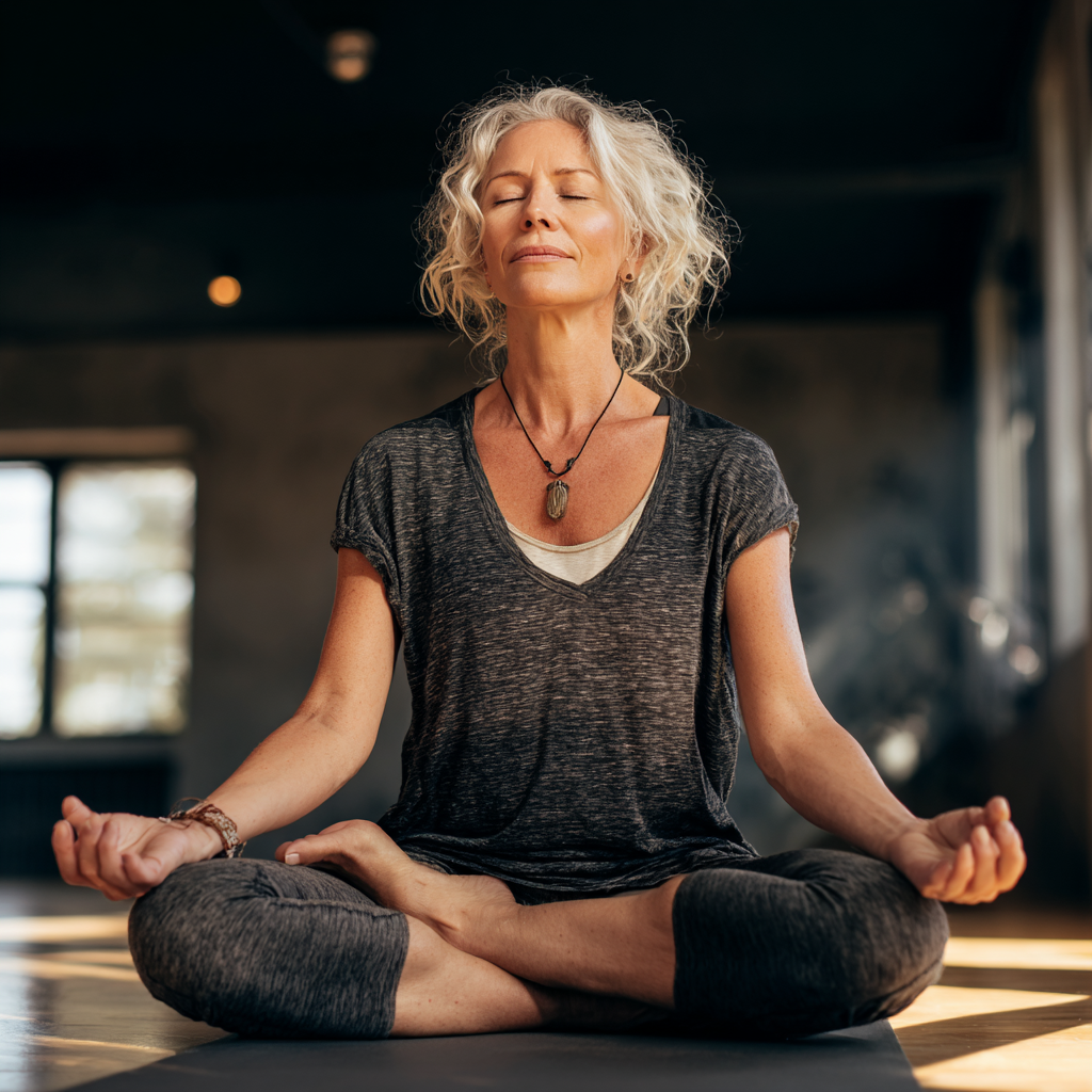 Mature woman practicing mindful yoga poses in serene studio environment